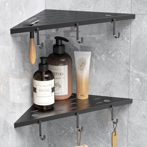 Corner Shower Shelves 10" Matte Black 304 Stainless Steel Recessed Shelf for Bathroom，Shower Corner Rack with Razor Hole Hook，Grout in Shelf for Tiled Wall, 2 Pack (Black)