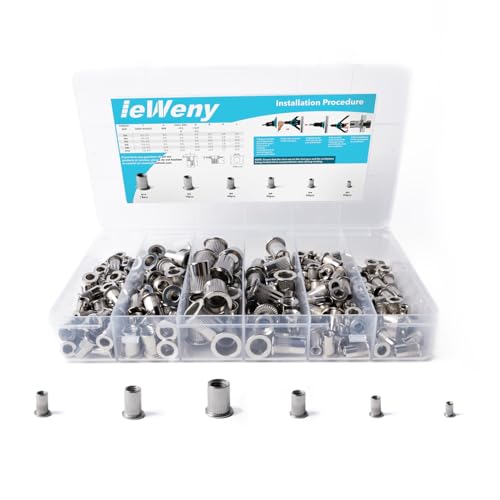 ieWeny metric rivet nut assortment kit with 236 stainless steel threaded inserts in assorted sizes, silver finish