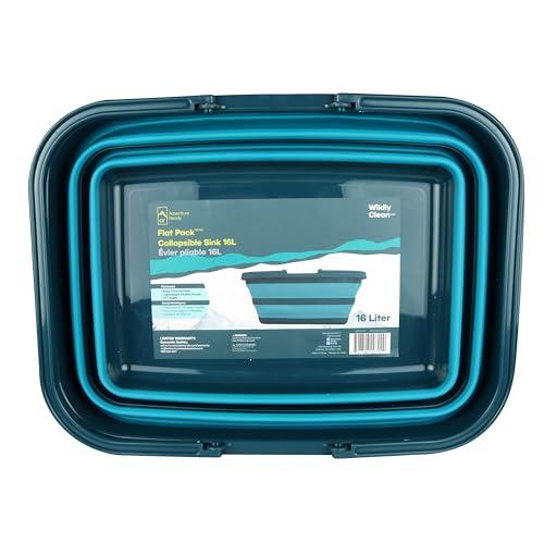 Adventure Ready collapsible portable sink with flatware, 16L capacity, ideal for hiking, camping, and travel.