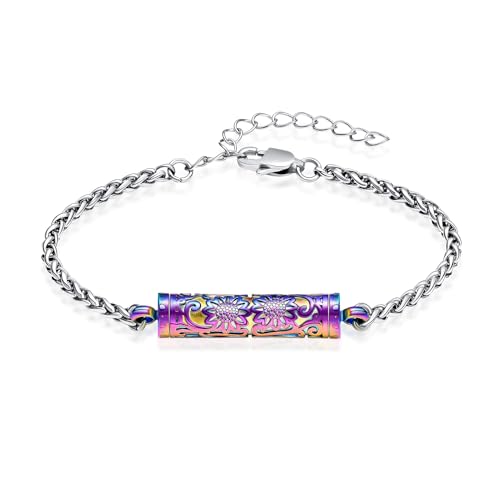 Oinsi Sunflower Urn Bracelet for Ashes Cylinder Bar Cremation Jewelry for Women Men Memorial Keepsake Urn Pendant Ashes Holder Bangle Colorful