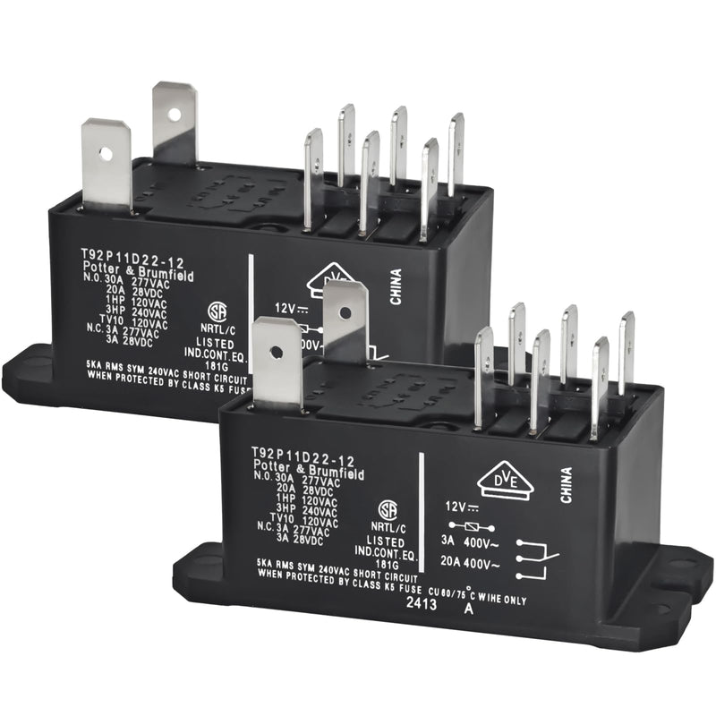 T92P11D22-12 Power Relay (Pack of 2) - DPDT, 12V DC Coil, 30A 120/277VAC General Purpose Relay