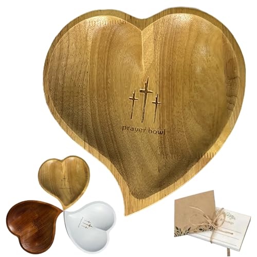 Heart Prayer Bowl Wooden with 24 Prayer Cards, Christian Congregation Religious Prayer Gifts (Yellow) Yellow