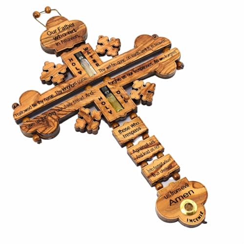 SAINT MICHAEL OLIVE WOOD FROM BETHLEHEM The Lord Prayer Our Father Prayer Wooden Wall Cross - Wall Hanging Religious Décor with The Lord's Prayer Cross, with Holy Water, Holy Oil