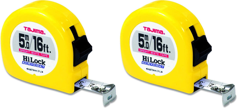 TAJIMA Tape Measure - 16 ft / 5m x 1 inch Hi-Lock Measuring Tape with Dual Metric/Standard Scale & Acrylic Coated Blade - HL-16/5MBW (Pack of 2)