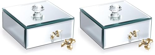 Hipiwe Silver Glass Mirrored Jewelry Box with Crystal Handle Square Trinket Organizer Treasure Chest Case Classic Keepsake Box for Storage Rings Earrings Necklace Bracele (Small, Silver) (Pack of 2) Small (Pack of 2)