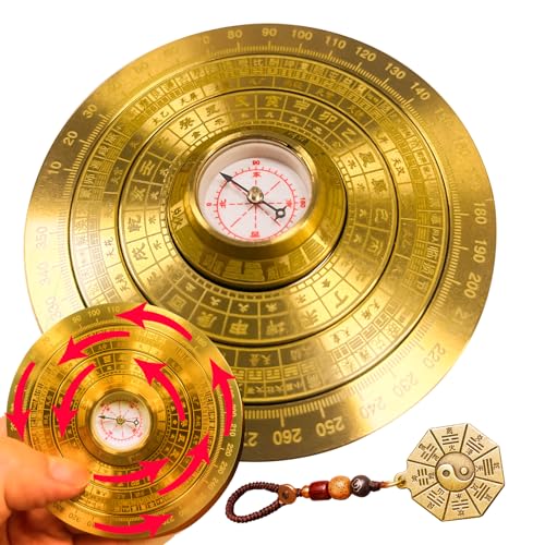 Feng Shui Golden Compass, Solid Brass Bagua Feng Shui Luo Pan for Home Office Decoration, Rotatable Good Luck Minis Chinese Auspicious Amulet, Traditional Fengshui Compass Ornament Glod-B