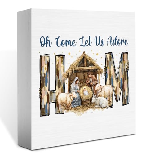 Oh Come Let Us Adore Him Sign Christian Christmas Decorations Religious Bible Gifts for Women Men Baptism Decorations for Home Desk Table Shelf 5 X 5 Inch Christmas 23