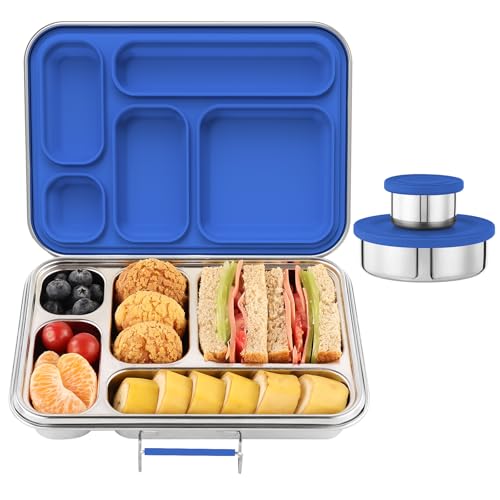 Stainless Steel Bento Box for Adults & Kids, 5-Compartment Lunch Box with 2 Sauce Containers, BPA-Free Bento Lunch Container, Dishwasher Safe, School & Work Meal Prep Lunch Container (Blue) Blue