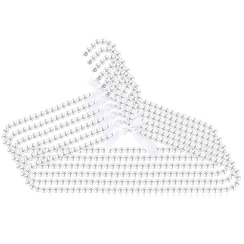 SHENLIU 6 Pack Pearl Clothes Hangers, Elegant Bridesmaid Hangers with White Ribbon Trim Hanger, Closet Coat Storage Organizer Bowknot Standard Wedding Hanger for Wedding Engagement Gowns Suits Shirts A