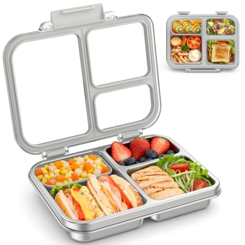 BABHAMNESS Stainless Steel Bento Lunch Box for Kids Adults, 3 Compartments Metal Bento Box with Transparent Lid & Silicone Container for Kids,Dishwasher-Safe,School & Travel,BPA-Free(Grey) Gray