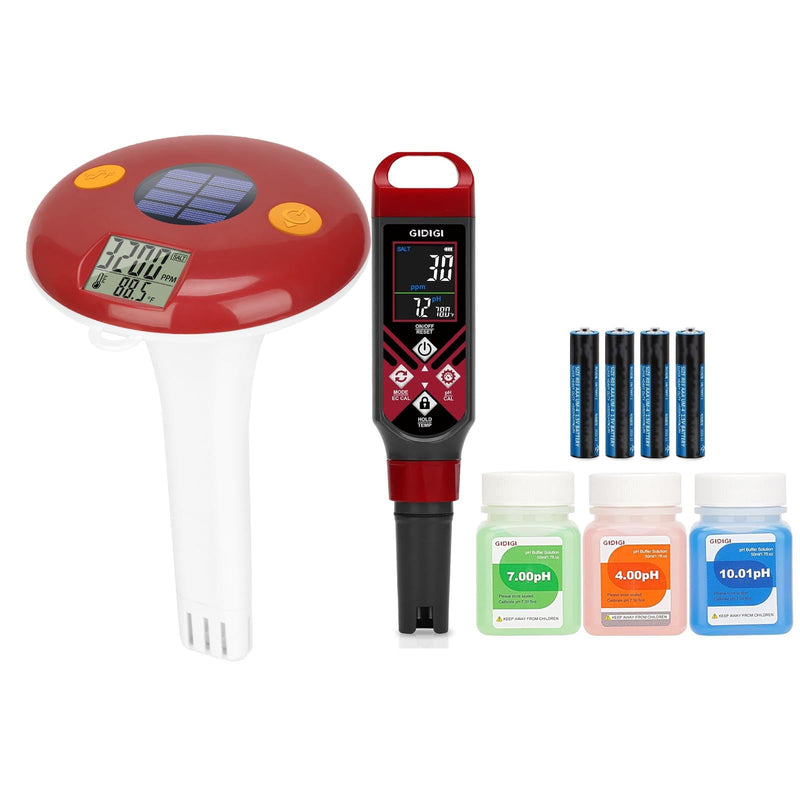 [Australia - AusPower] - Floating Digital Salinity Tester with ATC,Solar Powered Salt&Temp Level Monitor with pH Strips,Pool Salt Meter Solar Powered Temperature & Salinity Tester for Saltwater Aquarium Pool Spa Hot Tub Pond 