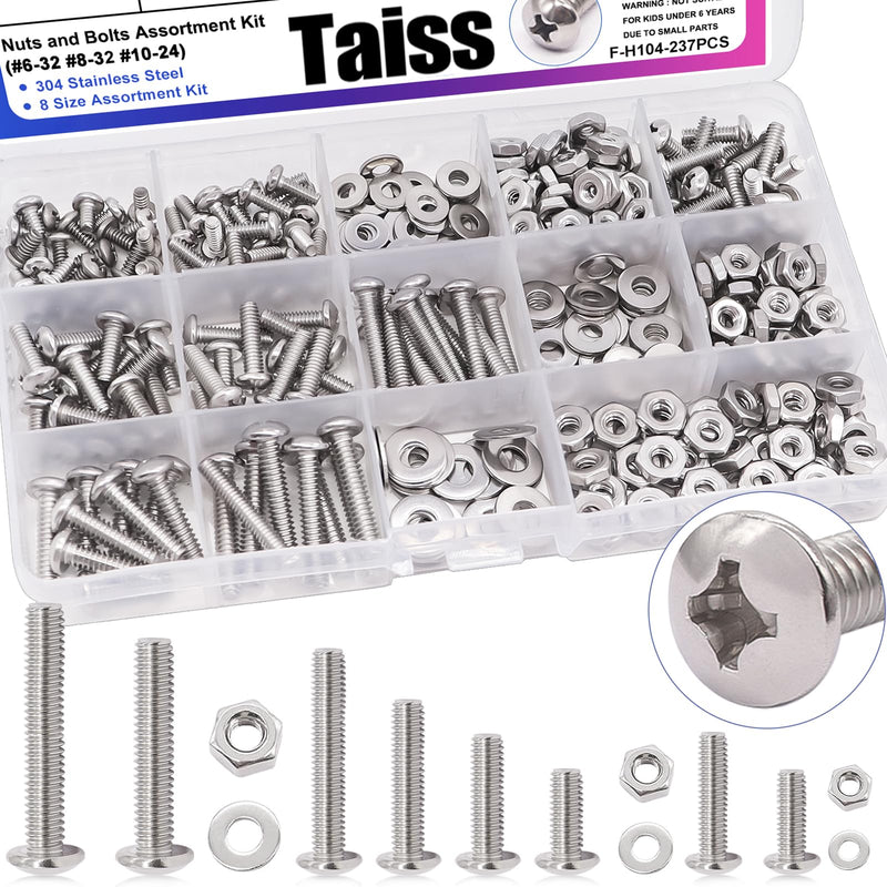 [Australia - AusPower] - Taiss Machine Screws Nuts and Bolts Assortment Kit,304 Stainless Steel Bolts and Nuts Kit,#6-32#8-32#10-24 8 Sizes Phillips Pan Head Bolt and Nut & Washers +30 Sets 1/4-20 Threaded Inserts for Wood 