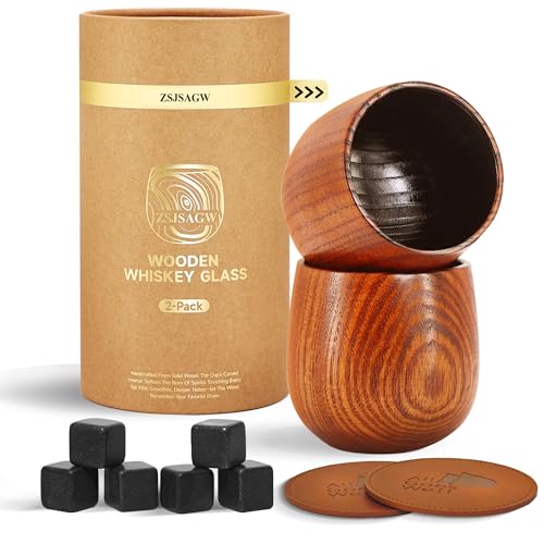 Charred Wooden Bourbon Glasses Set of 2 Whiskey Old Fashioned - Oak Tumblers with Stones & Coasters - Gifts for Men, Dad, Groomsmen, Brother & Whiskey Lovers 2 Pack Charred