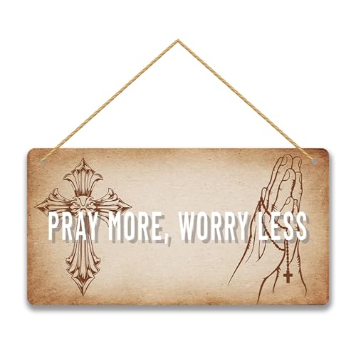 Pray More Worry Less Wood Sign - Inspirational Christian Wall Art, Rustic Farmhouse Home Decor, Religious Gift for Anxiety Relief, Bible Verse Encouragement Plaque 12x6 Inch C02