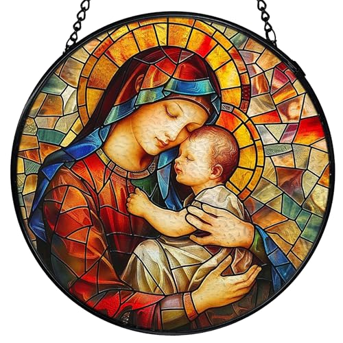 Virgin Mary Suncatcher Window Hanging, Religious Sun Catchers Indoor Window Round Glass Wall Art Decor, Spiritual Suncatcher Wall Hanging Decorations, Gardening & Lawn Care Mom Kid