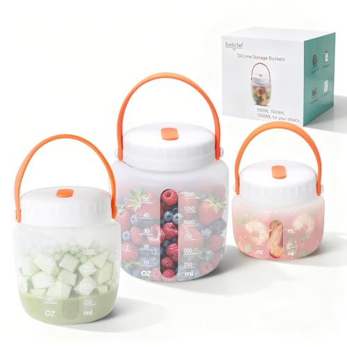 Airtight Silicone Food Storage Containers Set - Leakproof Food Canister Jars of 3 with Vent Lid,Handle for Outdoor,Safe Foldable Reusable,Salad Freezer Storage Container,Dishwash Micro Safe,White 3Pack(1500+1000+500）