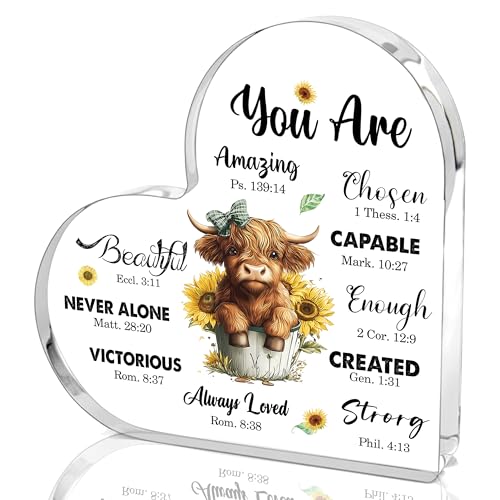 Christian Highland Cow Gifts for Women Birthday, Highland Cow Religious Spiritual Gift for Mom Friends Coworker Sisters, Inspirational Bible Verses Decor, Motivational Acrylic Desk Office Decorative Signs Plaque