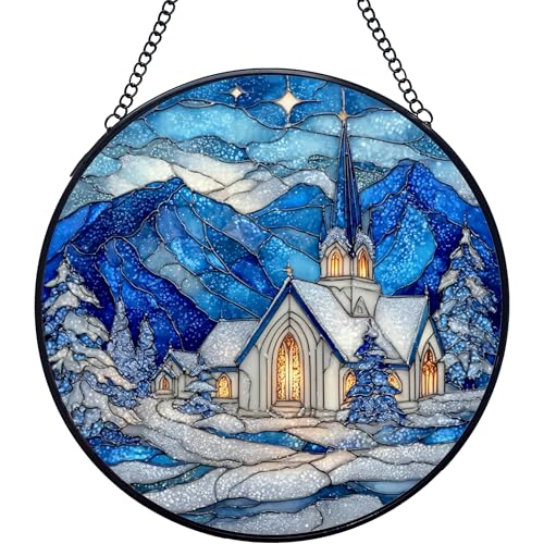 Christian Church Christmas Stained Glass Window Hanging Suncatchers, Religious Winter Sun Catchers Indoor Window Glass Wall Art Decor, Winter Wall Hanging Decorations Sculptures, 7.9x7.9in