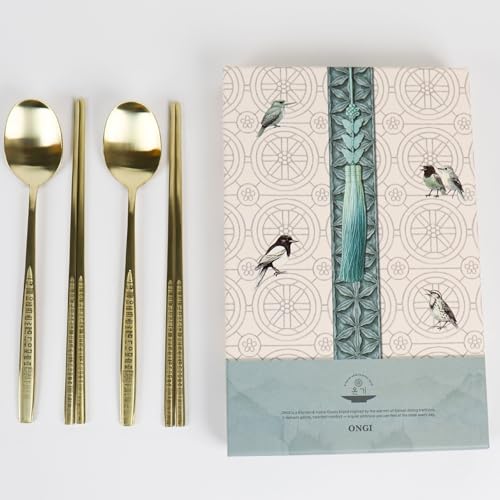 ONGI Korean Spoon and Chopstick 1 Set – Premium 18/10 Titanium Gold – Hangul Design – Gift-Ready – Made in Korea – Dishwasher Safe (Yongbi Gold 2 Set)