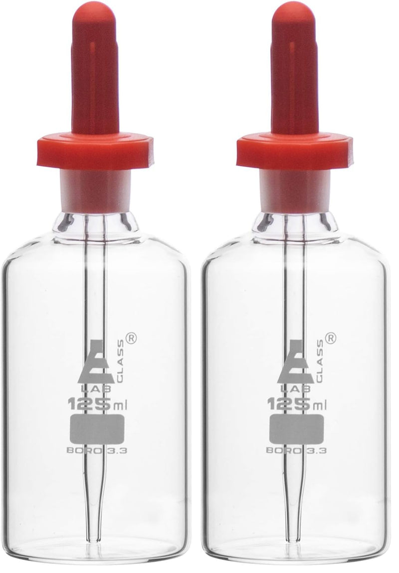 EISCO Dropping Bottle, 125ml (4.2oz) - Borosilicate 3.3 Glass - Eye Dropper Pipette and Dust Proof Rubber Bulb - Octagonal, Non-screw Top Labs (Pack of 2) 4.2 Ounces (Pack of 2)