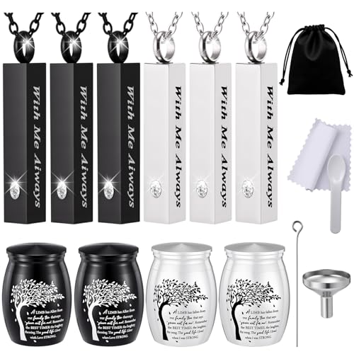 Liliaafar 10 Pcs Urn Necklaces for Ashes Cremation Jewelry Small Keepsake Urns for Human Pet Ashes Engraved with Tree Pattern and with Me Always Text Waterproof Memorial Holder Black,Sliver