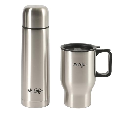 Mr. Coffee 4-Piece Insulated Drinkware Set — Stainless Steel Thermos, Travel Mug with Handle, Cup & Lid for Hot & Cold Drinks Stainless Steel (Javelin) 15.5 Ounces