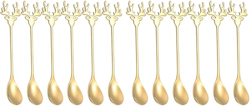 6 PCS Gold Christmas Elk Deer Head Shape Stainless Steel Dessert Spoons (Pack of 2) 6 inch (Pack of 2)