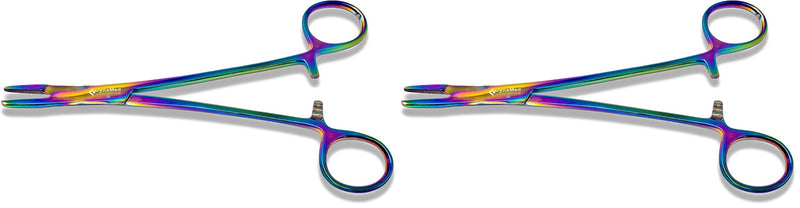 Cynamed Olsen Hegar Needle Holder Driver with Multicolor/Rainbow Titanium Coating - Premium Quality - Hemostat with Scissors and Locking Mechanism (6.5 in. (16.51 cm)) (Pack of 2) 6.5 in. (16.51 cm) (Pack of 2)