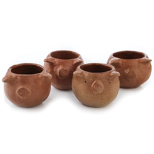 Set of 4 Handcrafted Red Clay Tequila Shot Glasses - Artisanal Barware from Oaxaca, Mexico (Pigs) Pigs