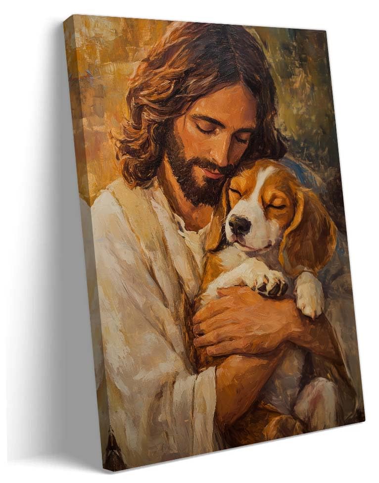 Anypicrt Jesus Poster Framed Jesus Hugs Beagle Dog Wall Art Religious Canvas Painting Picture Prints Pet Modern Wall Decor for Room 12"L x 8"W