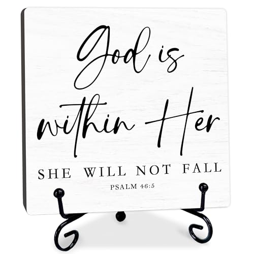 God Is Within Her She Will Not Fall - Rustic Wooden Sign with Metal Stand - 5'' Bible Verse Wooden Plaque - Christian Religious Gift for Women Men - Farmhouse Home Office Tabletop Shelf Decor - B03 God