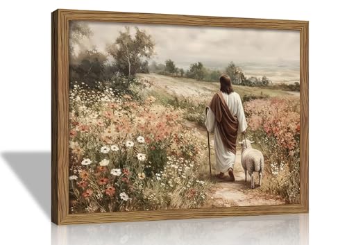Framed Jesus And Lamb Wall Art Christian Pictures Wall Decor 8x10 Inch shepherd Framed 10"L x 8"W