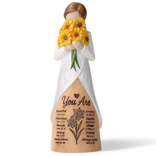 Christian Sunflower Figurine with Bible Verses, Inspirational Resin Sculpture for Women, Mom, Friends, Religious Faith Gift, Home & Church Décor | Keepsake of Love, Strength, and God’s Eternal Promise Yellow