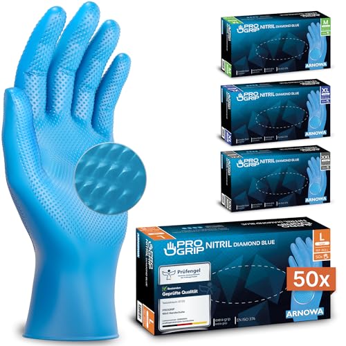 Progrip Disposable Gloves Diamond Grip Blue Nitrile Gloves L Pack of 50 | Disposable gloves, extra strong, gloves, disposable grippy, latex-free work gloves for workshop and assembly, M, L, XL, XXL