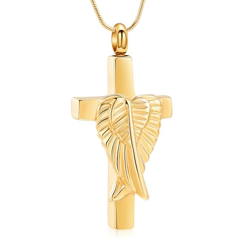 Cross Cremation Jewelry Urn Necklaces Cross Angel Wings Urn Necklaces for Ashes Memorial Keepsake Pendant for Women Men Gifts With Funnel Kit & Bag Gold