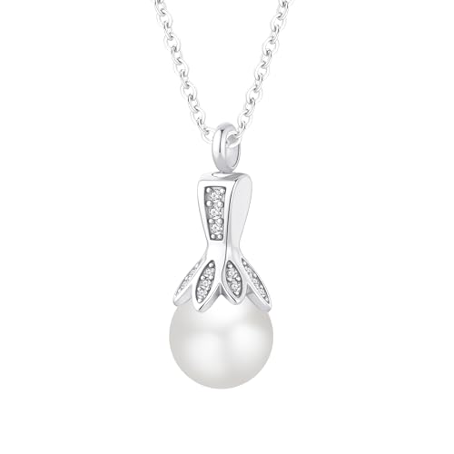 Pearl Cremation Jewelry for Ashes Pendant Urn Necklace 316L Stainless Steel Ashes Necklaces for Men Women with Mini Keepsake Urn Memorial Jewelry Silver