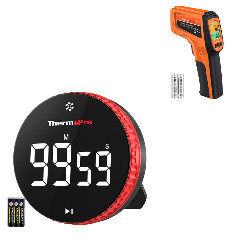 [Australia - AusPower] - ThermoPro TP450 Dual Laser Temperature Gun for Cooking, Digital Infrared Thermometer plus ThermoPro 99-Hour Digital Kitchen Timer with Strong Magnetic & Stable Stand, Classroom Timers with 3-Volume-Le 