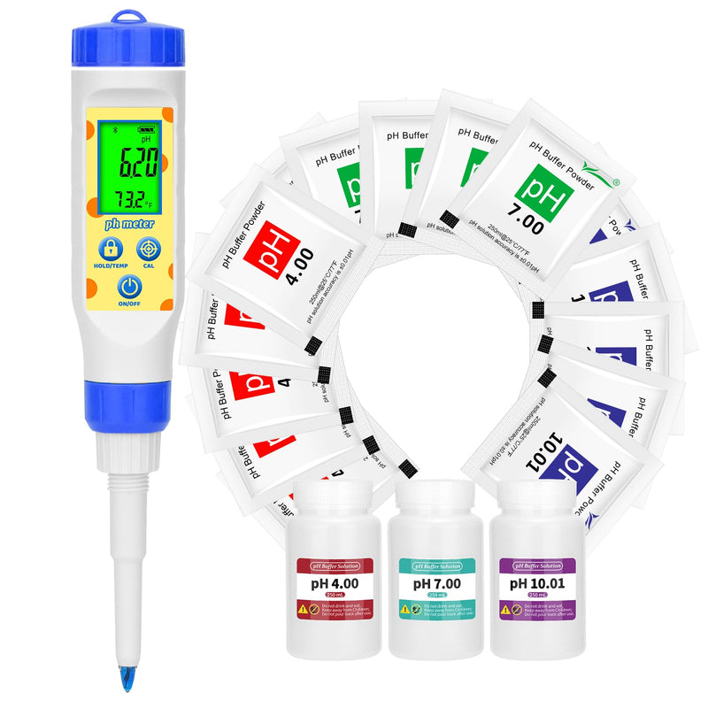 [Australia - AusPower] - Smart pH Tester for Food and 15 Pack pH Calibration Buffer Powder for Food Fermentation, Digital Food pH Meter with pH 7.00/4.00/10.01 Calibration Solution Powder Kit for Kombucha Meat Sourdou 