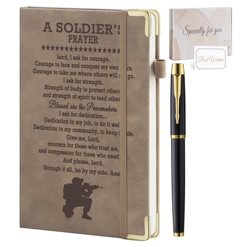 Army Gifts for Men Soldier Prayer Leather Journal Notebook 200 Pages A5 Lined with Inner Pocket and Pen Military Deployment Religious Graduation Gift for Soldier Light brown