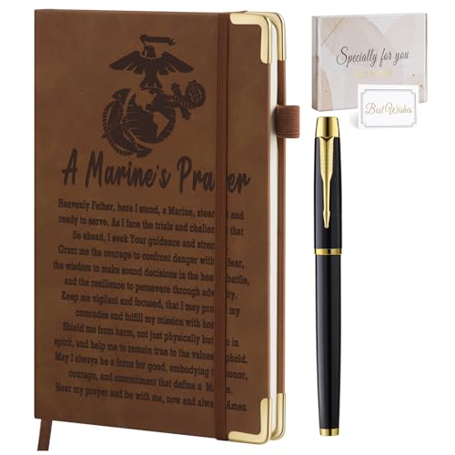 Marine Gifts Marine Corps Gifts for Men Religious Gift Military Leather Journal Notebook 200 Pages A5 Lined with Inner Pocket and Pen Appreciation Inspiration Gift for Marine Military Brwon