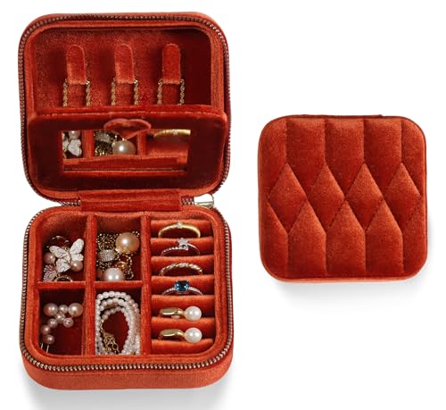 Velvet Jewelry Box – Travel Jewelry Case Organizer with Mirror, Adjustable Compartments for Women | Luxury Storage Case & Gift for Her - Caramel