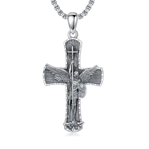 Patron Saint Necklace 925 Sterling Silver St Amulet Medal Pendant Religious Protection Jewelry Gifts for Men C01-Saint Michael Cross