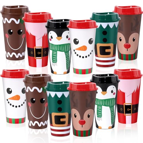 12 Pack Christmas Reusable Coffee Cups 16 oz Xmas Tumblers with Lid Santa Elk Snowman Gingerbread Penguin Plastic Travel Mug for Hot and Cold Drinks Thank You Gifts for Winter Holiday Party Supplies