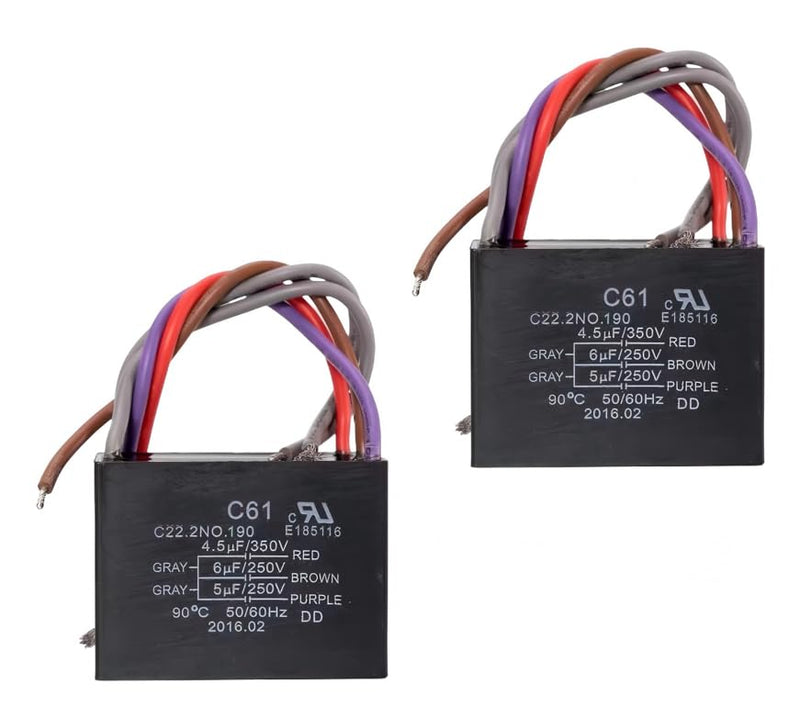 2Pcs Ceiling Fan Capacitor C61/CBB61 E185116 4.5uF+6uF+5uF 300/350V+250V+250V AC 50/60Hz 5 Wires Repaiment Parts Home Tools Replacement