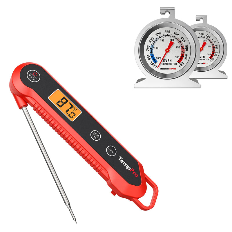 [Australia - AusPower] - 3-in-1 Bundle! ThermoPro 2-Pack Oven Thermometer for Gas Oven, 50-300°C/100-600°F Smoker Temperature Gauge with 431 Stainless Steel, Plus Instant Read Meat Thermometer Digital 
