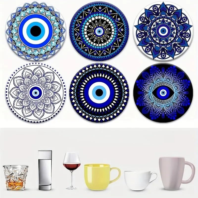 6Pcs Evil Eye Coasters, Butterfly Mandala Flower Coaster Coffee Cup Mat for Kitchen Table Bar Cup Home Dining Decor, 4" Diameter