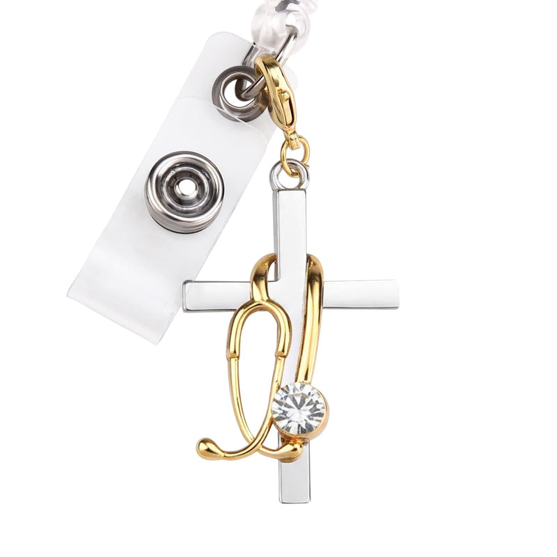 [Australia - AusPower] - Cross with Stethoscope Badge Charm, Cute Nurse Badge Reel Accessory, ID Clip Charm for Nurses, RN, LPN, Healthcare Field 