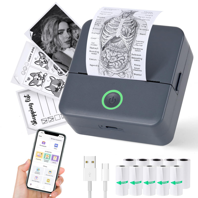 cudinham Print Pods Mini Printer, Sticker Printer with 10 Rolls Thermal Printing Paper, Inkless Pocket Printpod for Phone, Impresora Portátil for Notes, DIY, Compatible with iOS & Android (Grey) Grey