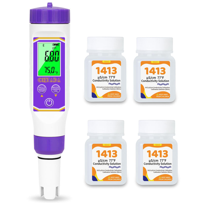[Australia - AusPower] - Smart pH Tester and 1413 μS/cm Calibration Solution for Hydroponics Water, 4 in 1 pH EC TDS Meter with Conductivity Standard Calibration Solution Kit for Indoor Plant Growing 