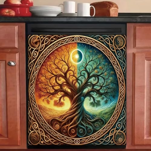 2D Flat Celtic Tree of Life Sun and Moon Dishwasher Cover 23x26 Inch Day and Night Panel Decal Washer Refrigerator Door Cover Kitchen Appliance Decorative Spiritual Symbolic Home Decor Style 2